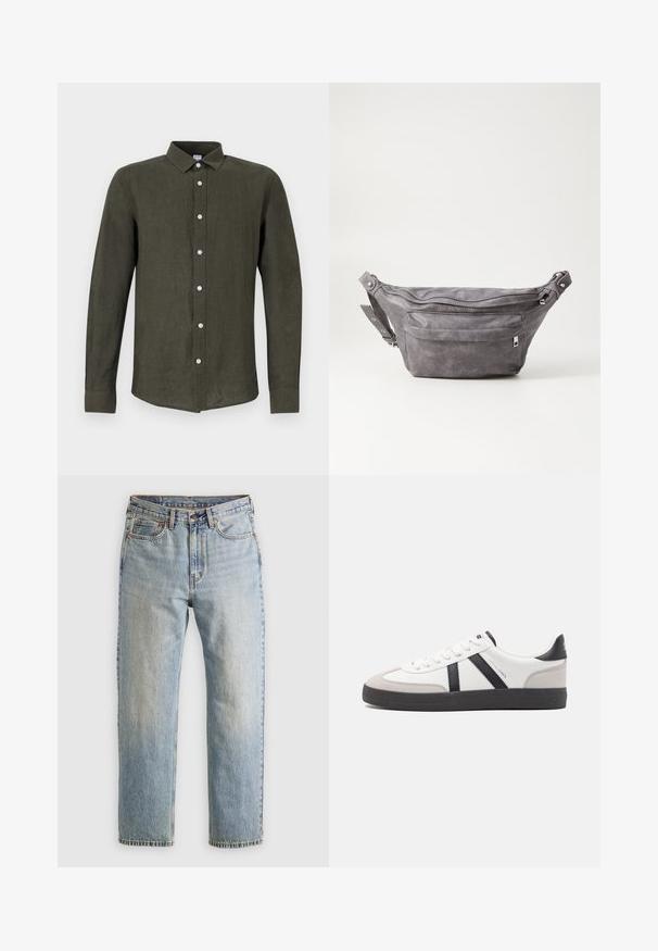 Temnozelena srajca z dolgimi rokavi iz lana. Ima zapenjanje na gumbe spredaj z svetlimi gumbi in ovratnik za strukturiran videz.; Svetlo modri džins hlače z visokim pasom, sprednjim gumbom, zadrgo in petimi žepi, laid flat na nevtralni podlagi.; Bela športna obutev z črnimi in sivo akcenti, z teksturirano sivo kapico za prste, črnim gumijastim podplatom in ravnimi belimi vezalkami. Čista zasnova, minimalistični slog.; Sivkasta zamšasta torbica s okroglo obliko, dvema žepoma na zadrgo in nastavljivim trakom. Ima kovinske dodatke.