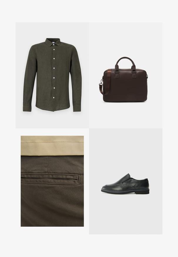 Tamsiai žalia ilgarankovė marškinėliai, pagaminti iš lininio audinio. Turi mygtukų užsegimą priekyje su šviesių spalvų mygtukais ir apykaklę, suteikiančią struktūruotą išvaizdą.; Rudos medvilnės kelnes su matoma užpakaline kišene, papuoštos subtiliomis siūlėmis ir lygiu paviršiumi. Juosmuo yra kontrastingos bežinės spalvos.; Juodai odiniai įtvirtinimo batai su lygiu paviršiumi, siuvinėjimo akcentais, apvalia nosimi ir žemu guminiu kulnu. Pado raštas minimalus.; Ruda odinė nešiojamojo kompiuterio rankinė su tekstūruota paviršiumi, dviem viršutiniais rankenomis, reguliuojama juosta ir dviem priekiniais sagtimis papildomam akcentui.