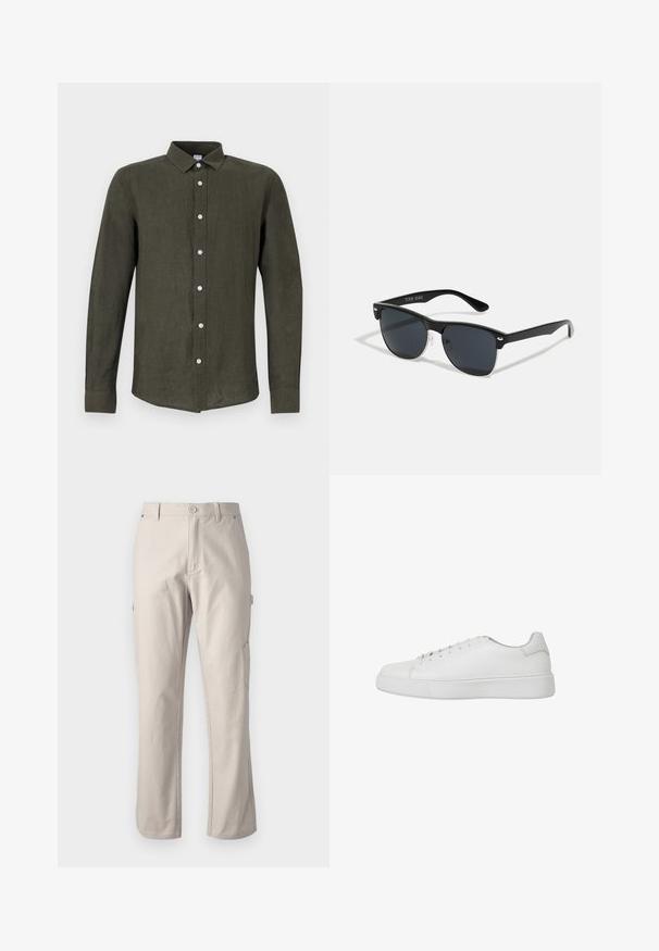 Tummanvihreä pitkähihaisuus paita, joka on tehty pellavasta. Siinä on nappilista, jossa on vaaleita nappeja, sekä kaulus, joka luo rakenteellista ilmettä.; Beige cargo-housut, jotka on valmistettu kestävästä puuvillasta, suorat lahkeet, etupainikekiinnitys ja sivutaskut käytännöllisyyttä varten. Sileä pinta ja huomaamaton ompelu.; Valkoiset lenkkitossut, jotka on valmistettu sileästä nahasta, pyöreällä kärjellä, ommelluilla yksityiskohdilla ja tasaisella kumipohjalla. Minimalistinen muotoilu ja nauhakiinnitys.; Mustat aurinkolasit, joilla on suorakulmainen muoto, tummat linssit, hopeiset yksityiskohdat temppeleissä ja matta pinta kehykset.