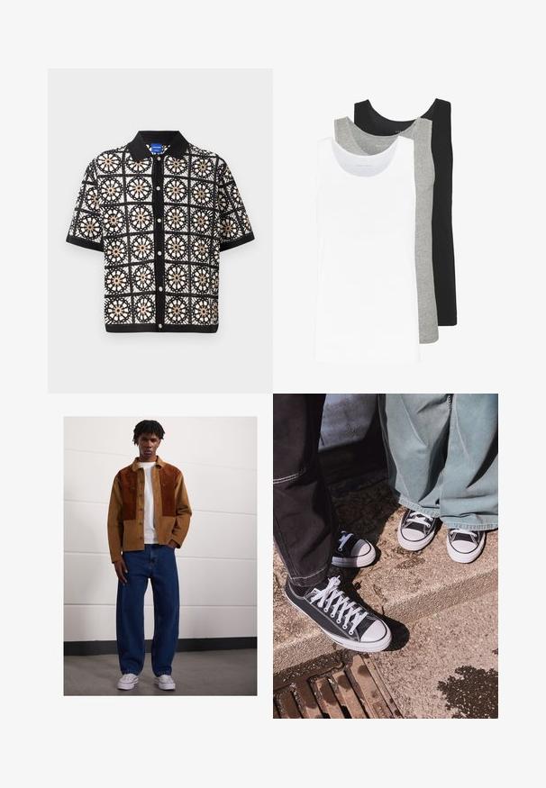 Melna krekla īsām piedurknēm ar sarežģītiem baltajiem un pelēkbrūnajiem ziedu tamborējumiem, kas aprīkots ar pogām priekšā un plakanu apkakli.; Trīs bezmaku blūzes baltā, pelēkā un melnā krāsā. Katrai no tām ir klasiska bezmaku dizaina forma, izgatavota no viegla kokvilnas auduma ar ribotu tekstūru.; Vīrietis stāv telpās, ģērbies brūnā korduroja jaciņā ar rūsas pleķiem, baltā T-kreklā, brīvās zilās džinsās un baltās sporta kurpēs.; Melnas kanvas zemo profilu kedas ar baltām gumijas purngaliem un šņorēm, apvienotas ar platām zaļām džinsa biksēm, uz teksturētas akmens virsmas.