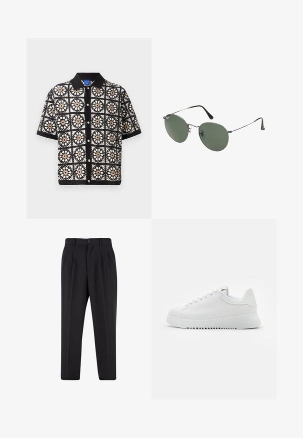 Czarna koszula z krótkim rękawem z misternymi białymi i beżowymi haftami kwiatowymi, z przodem na guziki i płaskim kołnierzykiem.; Biała bawełniana koszulka z krótkimi rękawami, okrągłym dekoltem, luźnym krojem i bez widocznych logo lub wzorów. Gładka tekstura i minimalistyczny design.; Czarne spodnie z plisowanym przodem, wykonane z gładkiego materiału. Zapięcie na guzik i szlufki na pasek; prosty krój nogawek.; Białe skórzane sneakersy z zapięciem na sznurowadła, teksturowaną powierzchnią oraz grubą białą gumową podeszwą z ząbkowanym brzegiem dla lepszej przyczepności.; Okulary przeciwsłoneczne z metalową ramą i owalnymi zielonymi soczewkami. Cienka srebrna metalowa rama i czarne końcówki zauszników. Minimalistyczny design, bez widocznych logo.