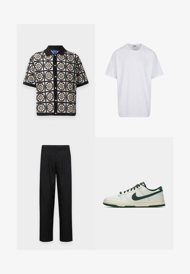 Zwart shirt met korte mouwen en ingewikkelde witte en beige bloemige haakpatronen, met een knoopsluiting aan de voorkant en een platte kraag.; Witte katoenen t-shirt met korte mouwen, ronde hals, relaxte pasvorm en zonder zichtbare logo's of patronen. Gladde textuur en minimalistisch ontwerp.; Zwarte broeken van gladde stof, met een recht model, twee voorknikken en een standaard tailleband met riemlussen.; Witte lage sneakers met een donkergroene Nike swoosh, veters en accentkleuren op de zool, weergegeven in profiel op een effen witte achtergrond.