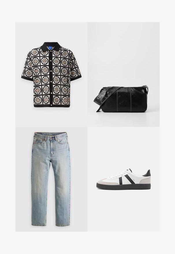 Short-sleeve black shirt with intricate white and beige floral crochet patterns, featuring a button-down front and a flat collar.; Light blue denim jeans with high waist, front button, zipper, and five-pocket design, laid flat on a neutral background.; White sneaker with black and gray accents, featuring a textured gray toe cap, black rubber sole, and flat white laces. Clean design, minimalist style.; Black leather shoulder bag with a zip closure, featuring a textured body, white stitching, and a strap with silver grommets.