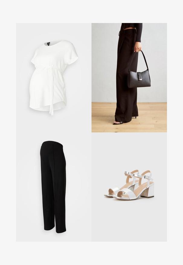 Biała bluzka ciążowa z krótkim rękawem, okrągłym dekoltem i krojem przypominającym fartuszek. Posiada zawiązywany pasek w talii oraz miękką, gładką fakturę materiału.; Czarne, wysokie spodnie o prostym kroju, z gładką fakturą i bez widocznych zapięć, podkreślone detalami szwów bocznych.; Srebrne sandały na wysokim obcasie z otwartymi palcami, z dwiema szerokimi paskami i zaokrąglonym blokowym obcasem. Gładka tekstura z metalicznym wykończeniem.; Czarna torebka o usztywnionym kształcie, gładkiej fakturze i metalowym zapięciem. Połączona z szerokimi czarnymi spodniami i sandałami na otwartym palcu na drewnianej podłodze.