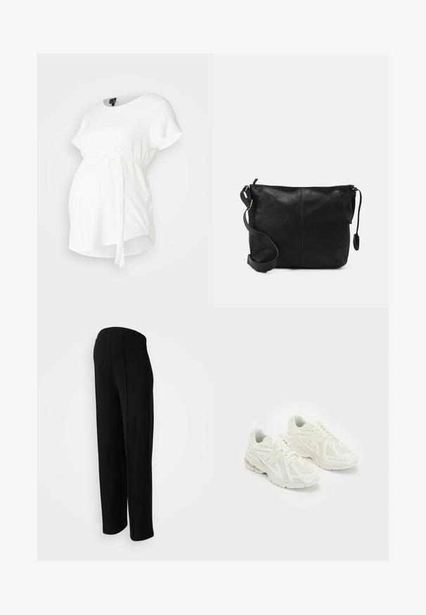 Fehér szoptatós top rövid ujjakkal, kerek nyakkal és kötény-stílusú dizájnnal. Derékon megkötő övvel rendelkezik és puha, sima textúrájú anyaga van.; Fekete, magas derekú, egyenes szabású nadrág sima textúrával és láthatatlan záródásokkal, oldalsó varrás részletezéssel kiemelve.; Fehér sportcipők hálós és szintetikus anyagokból, fűzős dizájn, párnázott bokarésszel és érdes talppal a tapadás érdekében. Könnyű felépítés.; Fekete bőr keresztpántos táska lapos formával, arany fémrészekkel és állítható pánttal. Simább textúra minimális varrási részletekkel.