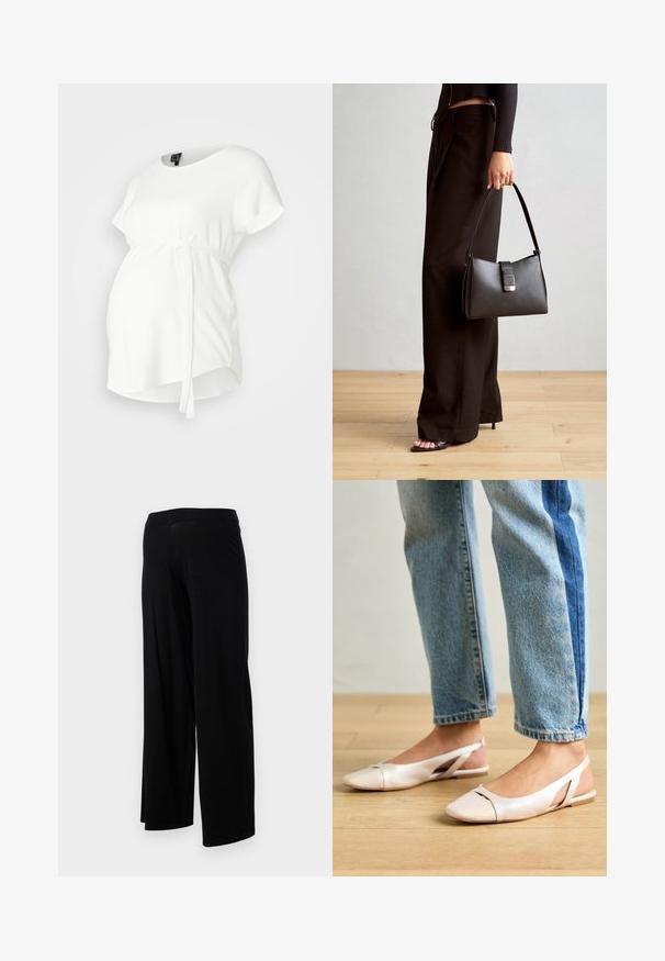 White maternity top with short sleeves, round neck, and apron-style design. Features a tied belt at the waist and soft, smooth fabric texture.; Black wide-leg pants with an elastic waistband and a smooth, stretchy texture. Features a simple design, no patterns or embellishments.; Pale pink slingback flats with a pointed toe, made from a smooth leather-like material. Features cut-out details at the sides and a flat heel.; Black handbag with structured shape, smooth texture, and a metallic clasp. Paired with wide black pants and open-toe sandals on wooden floor.