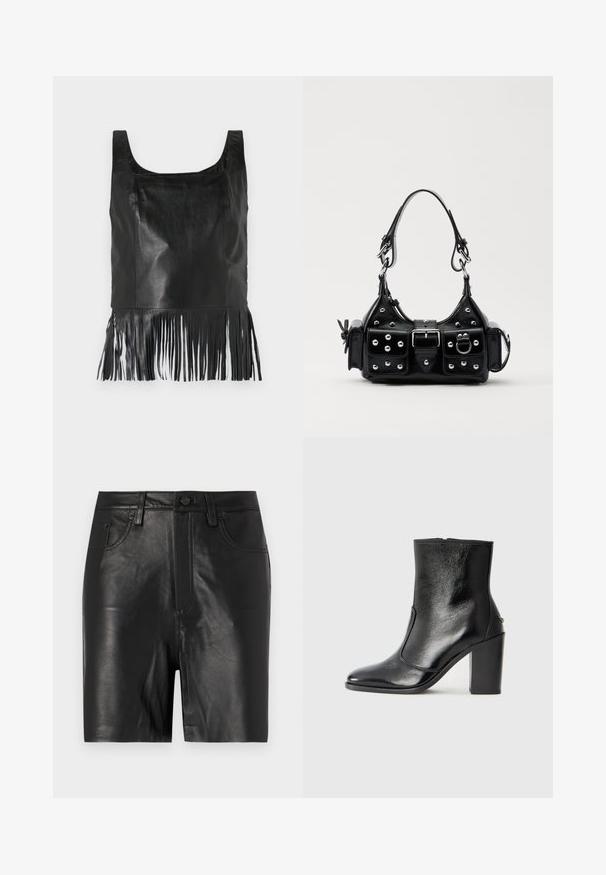 Melnas ādas bez piedurknēm topiņš ar kvadrātveida izgriezumu, ar garām frizūra detaļām apakšmalā un gludu tekstūru.; Melnas ādas šorti ar gludu tekstūru, aprīkoti ar priekšējo rāvējslēdzēju, pogu aizdari un klasisko piecu kabatu dizainu.; Melnas ādas potīšu zābaki ar gludu tekstūru, smailu purngalu un masīlu augstu papēdi. Iekļauts sānu atvērums un minimālistisks dizains.; Melnas ādas rokturmais ar izliekumu, ar sudraba iedurtiem, sprādzi un divām sānu kabatām. Regulējams siksniņas garums dažādām nēsāšanas iespējām.