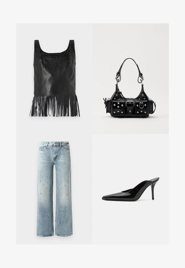 Musta nahkainen hihaton paita, jossa on neliönmuotoinen pääntie. Hieman reunoilla on pitkää fringing-yksityiskohtaa ja pinta on sileä.; Vaaleansiniset väljät farkut, joissa on denimiä, gradientoiva väriefekti ja hopeisten strassikivien koristelu pystysuoralla kuviolla.; Mustat patentoidut korkeakorkoiset mulesandaalit, joissa on terävä kärki ja sulavalinjainen siluetti. Kenkäparissa on avonainen takaosa ja hoikka stiletto-korko.; Musta nahkainen käsilaukku, jossa on kaareva muotoilu, hopeiset niitit, solki ja kaksi sivutaskua. Säädettävä olkahihna erilaisiin kantovaihtoehtoihin.