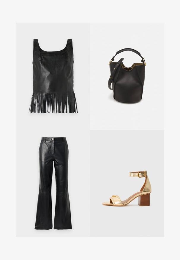Black leather sleeveless top with a square neckline, featuring long fringe detailing at the hem and a smooth texture.; Black faux leather pants with a high waist, button closure, belt loops, and flared legs against a white background.; Gold metallic heeled sandal with a wide strap across the toes, ankle strap with buckle, and a block heel. Smooth texture, minimal detailing.; Black leather bucket bag with a textured finish, gold hardware accents, and an open top. Features a short handle and adjustable shoulder strap.