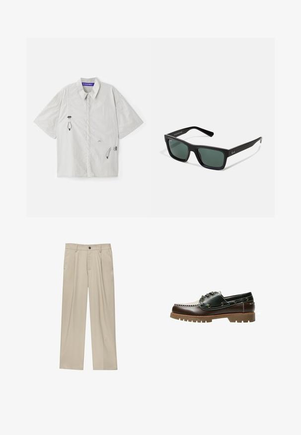 Srajca s kratkimi rokavi in ovratnikom v svetlo sivi barvi, z vrvicami na straneh in natisnjenim logotipom na zgornjem delu prsi. Gladka, lahka tkanina.; Bež hlače ravnega kroja, z enim črnim gumbom, zanke za pas in stranskimi žepi. Gladka tekstura tkanine in minimalističen dizajn.; Rjave in zelene usnjene čolnarske čevlje s belim šivom, okroglicami in teksturirano gumijasto podplatko. Trajna izdelava z kovinskimi očesi.; Črne pravokotne sončne očala z zelenimi lečami, z mat površino, ravnimi nosilci in logotipom Ray-Ban na strani.