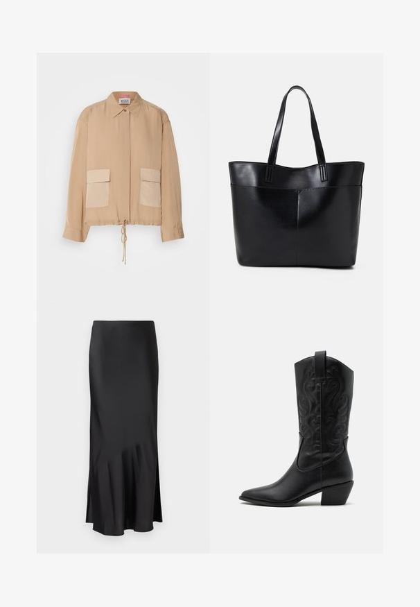 Chaqueta ligera beige con mangas largas, cuello, dobladillo con cordón y dos bolsillos de parche frontales en un tono ligeramente más oscuro. Textura suave.; Falda midi de satén negro con un diseño elegante, que presenta un ligero vuelo en el dobladillo y una abertura lateral para facilitar el movimiento. Textura suave.; Botas de vaquero de cuero negro con punta afilada, patrones en relieve en espiral y un tacón de altura media. Presentan una lengüeta para facilitar el uso.; Bolso tote de cuero negro con dos asas largas, textura suave y forma estructurada. Cuenta con un bolsillo frontal para almacenamiento adicional.