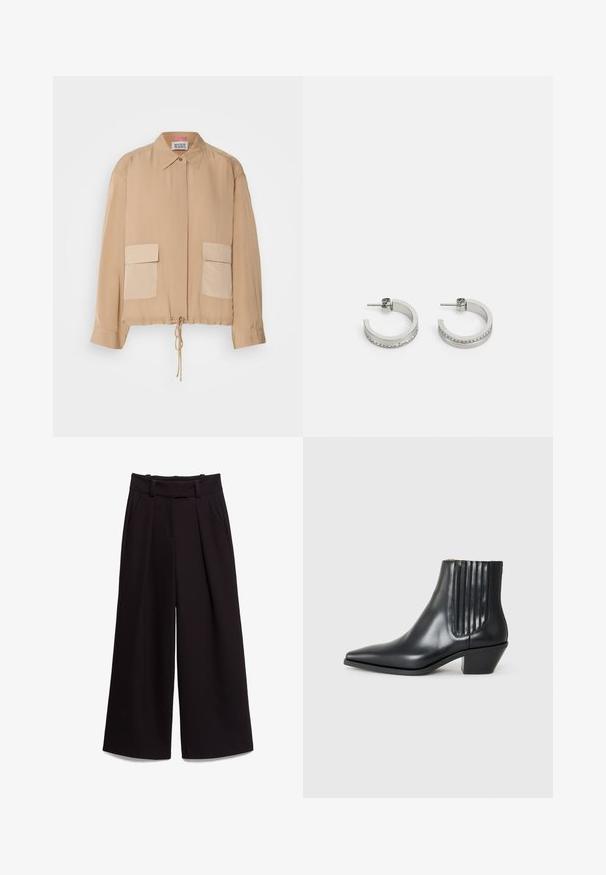 Beżowa lekka kurtka z długimi rękawami, kołnierzem, ściągaczem u dołu oraz dwiema naszytymi kieszeniami z przodu w nieco ciemniejszym odcieniu. Gładka tekstura.; Czarne spodnie szerokie wykonane z gładkiego materiału, z wysokim stanem, szlufkami na pasek i dwiema przednimi kieszeniami. Faldowy design dodaje tekstury.; Czarne skórzane botki za kostkę z wysmuklonym noskiem, elastycznymi bocznymi panelami z pionowymi rowkami oraz niskim blokowym obcasem. Gładka tekstura i elegancki design.; Srebrne kolczyki w formie kółek, z gładką powierzchnią i rzędem małych przezroczystych kamieni wzdłuż dolnej krawędzi, z zapięciem na sztyft.