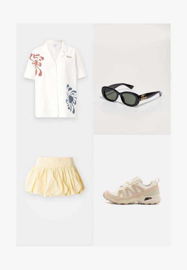Kortermet skjorte i lin i off-white med abstrakte mønstre i rødt og marineblått. Har klassisk krage og knappelukking. Gulllogo-akse.; Gul bomullsskjørt med et voluminøst, samlet design og bred midje. Den glatte teksturen og lette stoffet gir et avslappet utseende.; Beige og krem joggesko med teksturert mesh-overdel, støttende overlegg og gummisåle med et mønster for godt grep.; Svarte plastsolbriller med grønne linser, med oval form og gulllogo detaljer på brillestengene. Glatt tekstur og blank overflate.