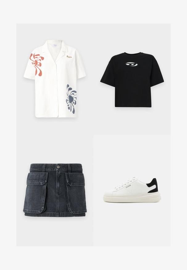 Kratki rukav lanena košulja u boji slonovače s apstraktnim crvenim i mornarsko plavim uzorcima. Ima klasičan ovratnik i dugmad sprijeda. Zlatni logotip kao akcenat.; Crna pamučna majica s kratkim rukavima i skraćenim dizajnom te okruglim izrezom. Ima kontrastni ovalni logo na prsima.; Crna traper suknja s pripijenim strukom, kopčanjem na gumbe, dva velika prednja džepa i kontrastnim šavovima.; Bijele kožne tenisice s debelim bijelim potplatom, crnim zamšastim akcentom na peti i ugraviranim logom sa strane. Dizajn s vezicama i šest rupa za vezivanje.