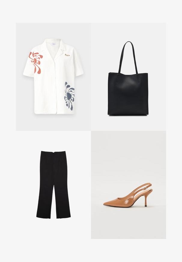 Chemise en lin à manches courtes de couleur blanc cassé avec des motifs abstraits rouges et bleus marine. Dotée d'un col classique et d'une fermeture à boutons. Accent logo doré.; Pantalon noir avec une coupe droite, doté de poches avant et d'éclairs sur l'ourlet. Fabriqué en tissu doux et lisse. Convient à diverses occasions.; Escarpin à talon slingback à bout pointu en matériau beige lisse et brillant. Présente un design de découpes courbées et un talon aiguille fin. Détail de boucle en argent.; Sac fourre-tout en cuir noir avec une texture lisse, de forme rectangulaire et deux longues poignées. Pas de matériel ou d'ornementations visibles.