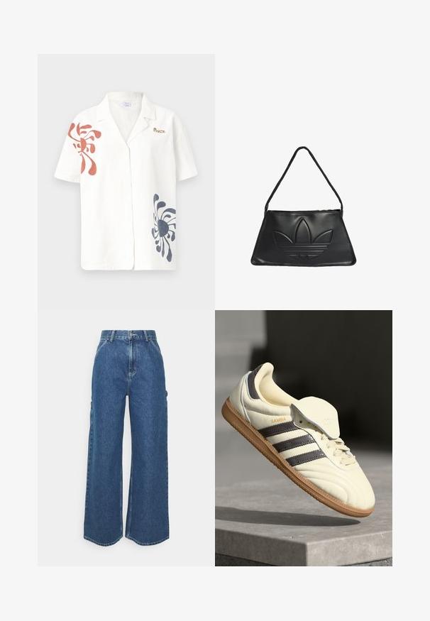 Short-sleeve linen shirt in off-white with abstract red and navy patterns. Features a classic collar and button front. Gold logo accent.; Wide-leg blue denim trousers with a high waist, contrasting stitching, and side pockets, featuring a classic five-pocket design and raw hems.; Cream leather sneaker with three dark stripes, a brown gum outsole, and a rounded toe. Features a foldable tongue labeled "SAMBA."; Black leather handbag with a trapezoidal shape, featuring a raised Adidas logo design and a thin shoulder strap. Zipper closure at the top.