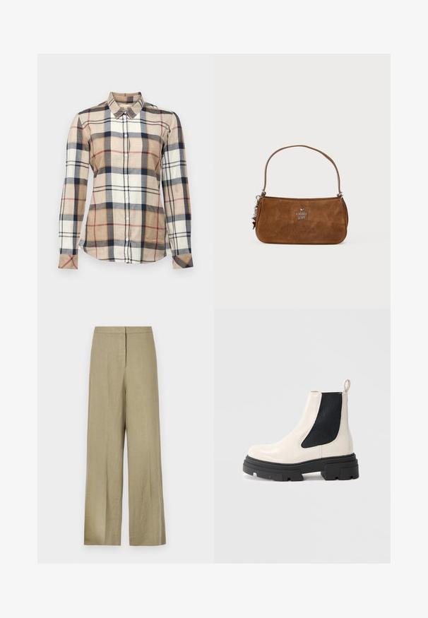 Klasszikus, hosszú ujjú, galléros ing bézs, krém és tengerészkék kockás mintával. Gombos záródással és különböző méretű négyzetekből készült, texturált anyaggal rendelkezik.; Világos zöld, bő szárú nadrág, amely vászonból készült. Magas derékkal és tiszta elülső kialakítással rendelkezik, egyetlen redővel.; Krém színű bőr Chelsea csizma robusztus fekete talppal és fekete elasztikus oldalpanellel, sima fehér háttér előtt.; Barna velúr kézitáska rövid pánttal. Ezüst logóval, csillag díszítéssel és sima textúrával rendelkezik. Kompakt, téglalap alakú.