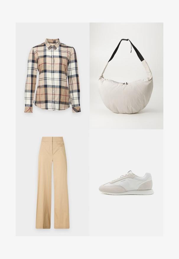 Kaelusega pikkade varrukatega särk, millel on beežist, kreemi ja mereväe sinisest koosnev ruuduline muster. Omab nupuga sulgemist ja tekstuurset kangast erinevate ruutudega.; Beige laiad sääred püksid, mis on valmistatud puuvilla segakangast. Omavad siledat tekstuuri, elastset vöökohta ja külgmist nööbiga detaili.; Heledad värvi tenniset, mis on valmistatud valgest nahast ja beežist seemisnahast, tekstuurse tallaga ja minimaalse brändingu kujundusega küljes.; Heledbeez padded õlakott, millel on kõver, poolkuukujuline formaadi. Must rihm, tõmblukuga sulgemine ja peen logo esiküljel. Pehme tekstuur.