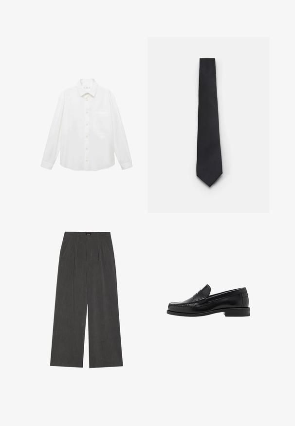 Mango ANTARES - Shirt - white; Wide-leg trousers in dark grey fabric, featuring a pleated front, two side pockets, and a flat waistband. Smooth texture and tailored design.; Black leather loafers with a smooth finish, stitched detailing on the toe, and a low heel design for comfort and style.; Narrow black tie with a textured, diagonal ribbed pattern. Features a pointed tip and a smooth finish. Suitable for formal wear.
