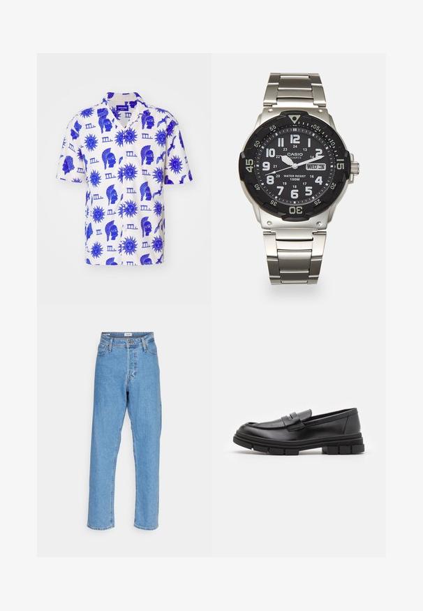Kurze Ärmel, leichtes Hemd aus cremefarbenem Stoff mit blauen grafischen Drucken von Sonnenmotiven und klassischen Figuren, mit einem entspannten Kragen.; Weißes Baumwoll-T-Shirt mit kurzen Ärmeln, Rundhalsausschnitt und lässigem Schnitt. Glatte Textur ohne sichtbare Muster oder Akzente.; Helle blaue, hoch-taillierte, gerade Jeans mit vorderem Knopf, Reißverschluss, Gürtelschlaufen und Fünf-Taschen-Design auf weißem Hintergrund.; Schwarze Lederloafer mit glatter Oberfläche, ausgestattet mit einem vorderen Riemendetail und einer klobigen Gummisohle mit gerippten Akzenten.; Metallquarzarmbanduhr mit schwarzem Zifferblatt, weißen Ziffern und Datumsanzeige. Verfügt über ein Edelstahlarmband und eine Wasserdichtigkeit von 100m.