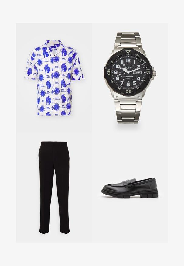Lyhyet hihat, kevyt paita kermavärisestä kankaasta, jossa on sinisiä graafisia printtejä auringon kuvioista ja klassisista hahmoista, rento kaulus.; Valkoinen puuvillapaita lyhyillä hihoilla, pyöreällä kaula-aukolta ja rentoa istuvuutta. Sujuva pinta ilman näkyviä kuvioita tai korostuksia.; Mustat housut suoraan istuvuudella, joissa on sileä pinnan rakenne eikä näkyviä kuvioita tai metalliosia. Klassinen muotoilu, jossa on selkeä siluetti.; Mustat nahkaa olevat loaferit, joissa on sileä pinta, varustettuna edessä olevalla hihnalla ja paksulla kumipohjalla, jossa on uritettua muotoilua.; Metallinen kvartsikello mustalla kellotaululla, valkoisilla numeroilla ja päivämääränäytöllä. Varustettu ruostumattomasta teräksestä valmistetulla rannekkeella ja vedenkestävyydellä 100 metriin.