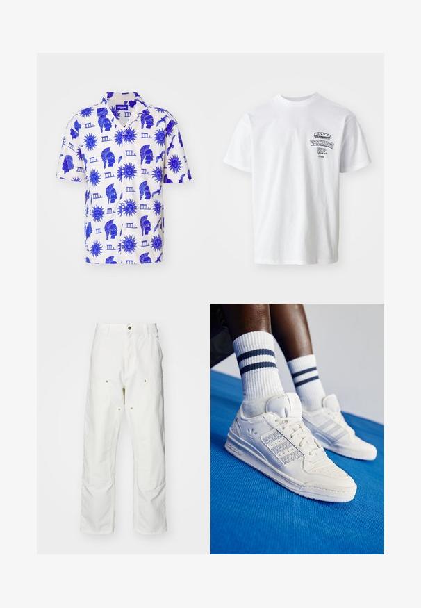 Cămașă cu mânecă scurtă, dintr-un material ușor de culoare crem, având imprimeuri grafice albastre cu motive solare și figuri clasice, cu un guler lejer.; Tricou alb din bumbac, cu mâneci scurte, guler rotund și un imprimeu grafic ce prezintă textul "Carhartt WIP" și o ilustrație cu mâncare pe piept.; Pantaloni cargo din bumbac alb, cu o croială lejeră. Caracteristicile includ buzunare frontale, accesorii din metal aurit și secțiuni întărite la genunchi.; Adidași albaștri din piele cu accente perforate, trei dungi metalice și un panou lateral texturat. Purtați cu șosete albe cu dungi albastre.