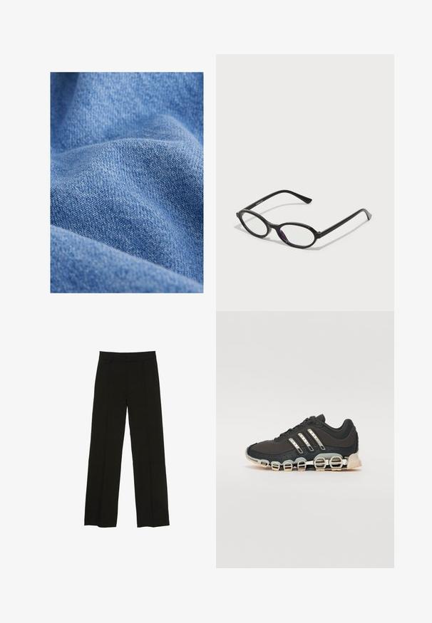 Kék farmer anyag lágy textúrával, szoros szövésmintával és finom árnyalatbeli eltérésekkel. Gyűrött kinézet, redőkkel.; Fekete, bő szárú nadrág sima anyagból, melynek kényelmes derékrésze és diszkrét elülső redők adnak extra textúrát.; Fekete sportcipő texturált felsőrésszel, három ezüst csíkkal, és egy jellegzetes párnázott talppal, amely több integrált szakaszból áll.; Fekete ovális keretű szemüveg, átlátszó lila díszítéssel a lencséken. A keretek matt felületűek, és karcsú, egyenes szárakkal rendelkeznek.; Burgundy színű, fényes anyagból készült kézitáska, téglalap alakú, két vállpánttal és finom ívelt díszítésekkel az elején.