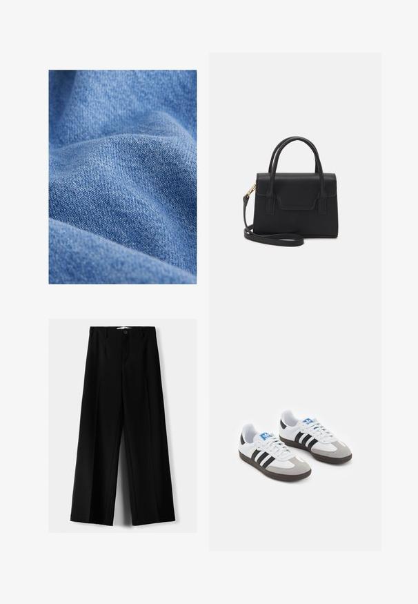 Plavi traper materijal s mekom teksturom, s uskom tkaninom i suptilnim varijacijama u nijansi. Izgleda zgužvano s pregibima.; Crne široke hlače izrađene od lagane tkanine, s prednjim zatvaranjem na dugme i ravnim prednjim dijelom, sa uredno šivenim rubovima.; Sportske cipele s gornjištem od bijele kože, sivi suedinasti nos i tri crne pruge. Imaju plavi logo na jeziku i teksturiranu gumenu podlogu.; Crna strukturirana torba od kože s gornjom drškom, odvojivim remenom za rame i detaljem s prednje strane. Akcenti od zlatnog hardvera.