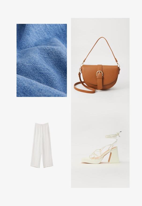 Modrá denimová látka s jemnou texturou, charakterizována těsným tkaním a jemnými variacemi ve odstínu. Zmačkaný vzhled s záhyby.; Bílé široké kalhoty vyrobené z lehké tkaniny. Mají elastický pas se šňůrkou a boční kapsy. Hladká textura.; Bílé sandály na vysokém podpatku s robustním podpatkem, s designem s pásky a zavazováním kolem kotníku. Hladký povrch s platformou vpředu pro zvýšení výšky.; Hnědá kožená křížová taška s zakřiveným tvarem, zlatými detaily a akcentem s přezkou. Obsahuje odnímatelný popruh na rameno.