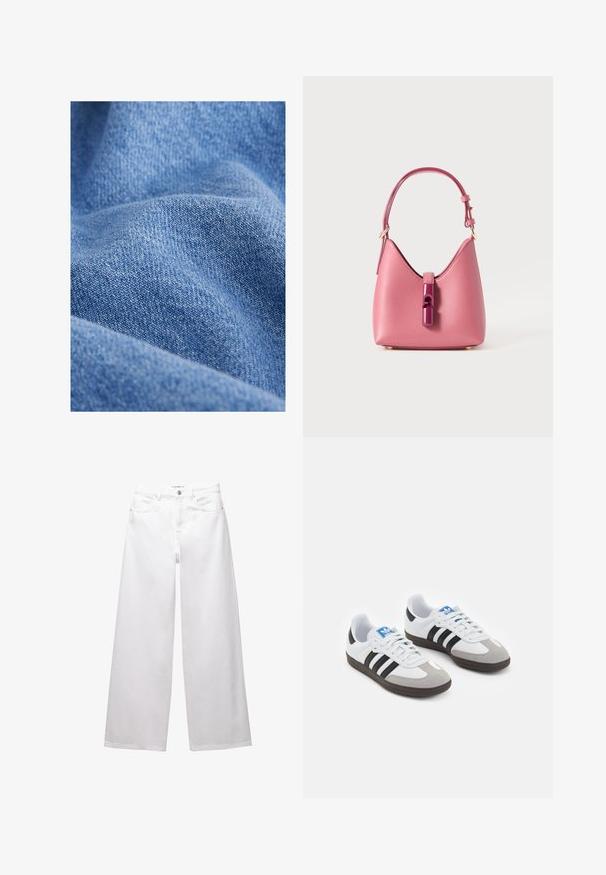 Sininen farkkukangas, jossa on pehmeä rakenne, tiheä kudonta ja hienovaraisia sävyeroja. Ryppyinen ulkonäkö, jossa on taitoksia.; Valkoiset leveät farkut, jotka on valmistettu denimestä. Varustettu nappikiinnityksellä, etu- ja takataskuilla sekä ommelluilla saumoilla. Sujuva pinta, jossa on minimaalinen yksityiskohtaisuus.; Urheilukengät, joissa on valkoinen nahkainen päällinen, harmaa mokkanokka ja kolme mustaa raitaa. Ominaisuuksina sininen logo kielekkeessä ja kuvioitu kumipohja.; Vaaleanpunainen nahkalaukku, jossa on rakenteellinen muoto, kiiltävä suljenta ja yksi säädettävä olkahihna. Rakeinen pinta ja kultainen metalliosat.