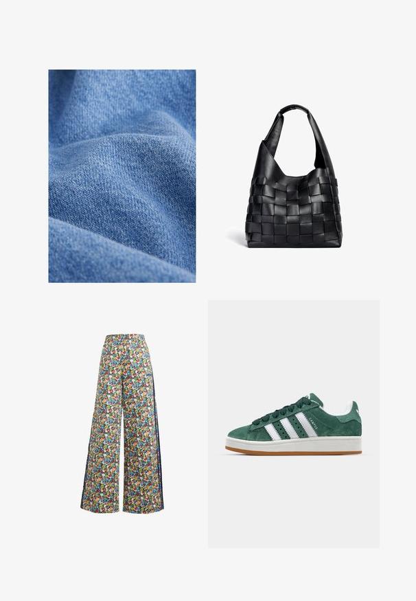 Blå denimtyg med en mjuk textur, med ett tätt vävmönster och subtila nyansvariationer. Rynkig yta med veck.; Breda ben blommiga byxor med blå bakgrund, prydda med ett färgglatt mönster av röda, gula och blå blommor, och en elastisk midja.; Gröna mockaskor med vita läderränder, gummisula, vadderad krage och minimalistisk design. Har varumärke på sidan.; Svart lädervävd toteväska med en avslappnad form och bred axelrem. Har en strukturerad, flätad design med en slät yta.