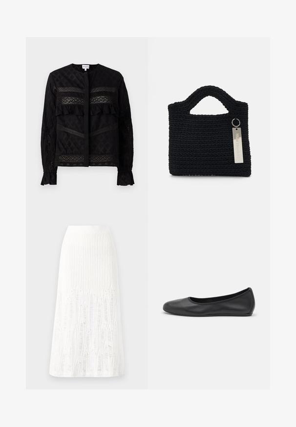 Černá blůza s kulatým límcem, která má průsvitné krajkové panely, volánkové detaily a texturované vzory. Dlouhé rukávy s elastickými manžetami.; Pletená bílá midi sukně s texturovaným vzorem a vertikálními pruhy a výřezovými detaily podél spodního okraje. Elastický pas. Měkký materiál.; Černé kožené baletní byty s kulatou špičkou, hladkou texturou, minimálními švy a flexibilním designem podrážky.; Won Hundred MARSIELLE COMPUTER BAG UNISEX - Taška na laptop - black