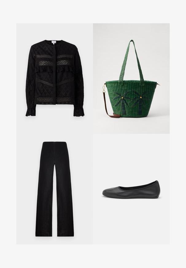 Fekete blúz kerek nyakkivágással, áttetsző csipkepanelekkel, fodros részletekkel és mintás textúrával. Hosszú ujjakkal, elasztikus mandzsettákkal.; Fekete, bő szárú nadrág könnyű anyagból. Jellemzője a magas derék, sima textúra és a letisztult vonalak, zsebek vagy díszítések nélkül.; Fekete bőr balettcipő lekerekített orral, sima tekstúrával, minimális varrással és rugalmas talp kialakítással.; Zöld, pálmafával díszített, szőtt bevásárlótáska sötétebb zöld színben; két fogantyúval és levehető barna bőrpánttal rendelkezik.