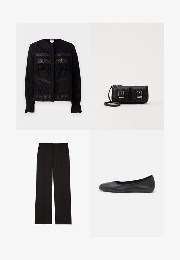Černá blůza s kulatým límcem, která má průsvitné krajkové panely, volánkové detaily a texturované vzory. Dlouhé rukávy s elastickými manžetami.; Černé elegantní kalhoty na míru vyrobené z hladké látky, s rovnými nohavicemi a dvěma postranními kapsami. Elegantní a minimalistická konstrukce.; Černé kožené baletní byty s kulatou špičkou, hladkou texturou, minimálními švy a flexibilním designem podrážky.; Černá kožená crossbody taška se dvěma předními kapsami, zlatými přezkami, zipovým uzávěrem a štíhlým popruhem. Texturovaný povrch a kompaktní obdélníkový tvar.