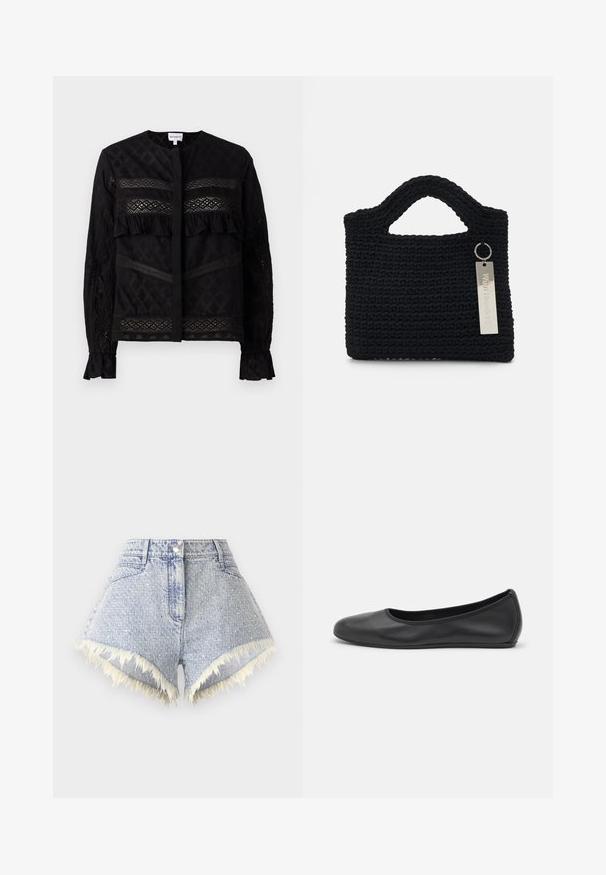 Melnā blūze ar apaļu apkakli, kurai ir caurspīdīgas mežģīņu paneļi, frill akcenti un teksturēti raksti. Garas piedurknes ar elastīgām aprocēm.; Gaiši zili džinsu šorti ar šķietami nolietotu malu un baltām detaļām, ar priekšējo pogu aizdari un divām aizmugurējām kabatām.; Melna ādas baleta kurpe ar noapaļotu purngalu, gludu tekstūru, minimālu šuvju detalizāciju un elastīgu zoles dizainu.; Won Hundred MARSIELLE COMPUTER BAG UNISEX - Klēpjdatora soma - black