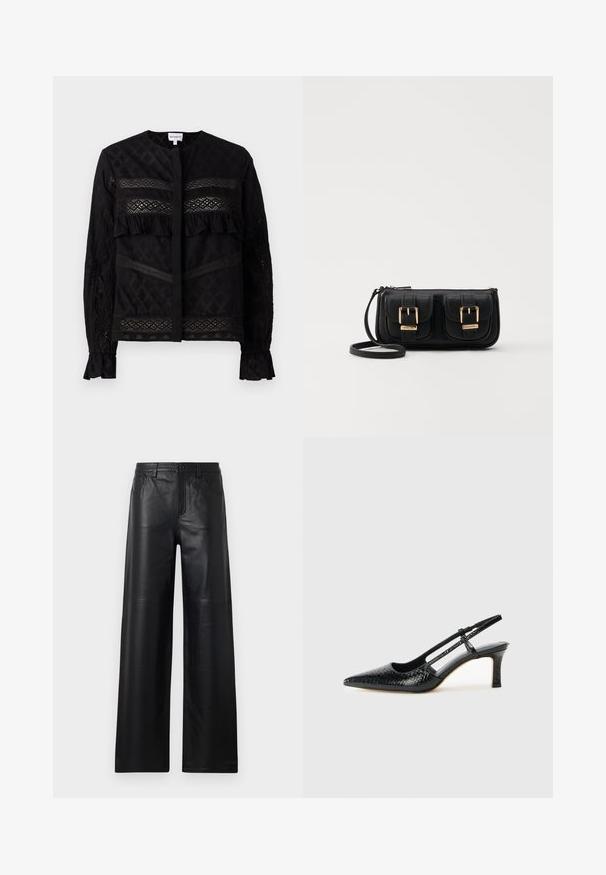 Bluză neagră cu guler rotund, având panouri din dantelă transparentă, accente de volănașe și modele texturate. Mâneci lungi cu mansete elastice.; Pantaloni din piele neagră cu picioare largi, având o textură netedă, cu buzunare frontale, sistem de închidere cu buton și detalii de cusătură subtile.; Pantofi cu toc slingback negri din patent, cu vârf ascuțit, cu imprimeu de șarpe texturat, curea ajustabilă și toc scurt texturat.; Geantă neagră din piele, tip crossbody, cu două buzunare frontale, catarame aurii, închidere cu fermoar și o curea subțire. Suprafață texturată și formă rectangulară compactă.