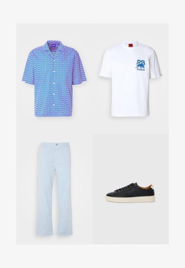 HUGO ELIGINO - Krekls - open blue; Balta kokvilnas T-kreklu ar zilu grafiku, kurā attēlots vērsi un uzraksts "HUGO". Apaļš dekoltē un īsas piedurknes, ar brīvu griezumu.; Gaiši zili kokvilnas bikses ar taisnu griezumu, priekšējo pogu aizdari un sānu kabatām. Gluda tekstūra un minimālas šuvju detaļas.; Melni ādas sporta apavi ar gludu tekstūru, bēša krāsas gumijas zole, auklu aizdare un kontrastējošs papēža akcents.