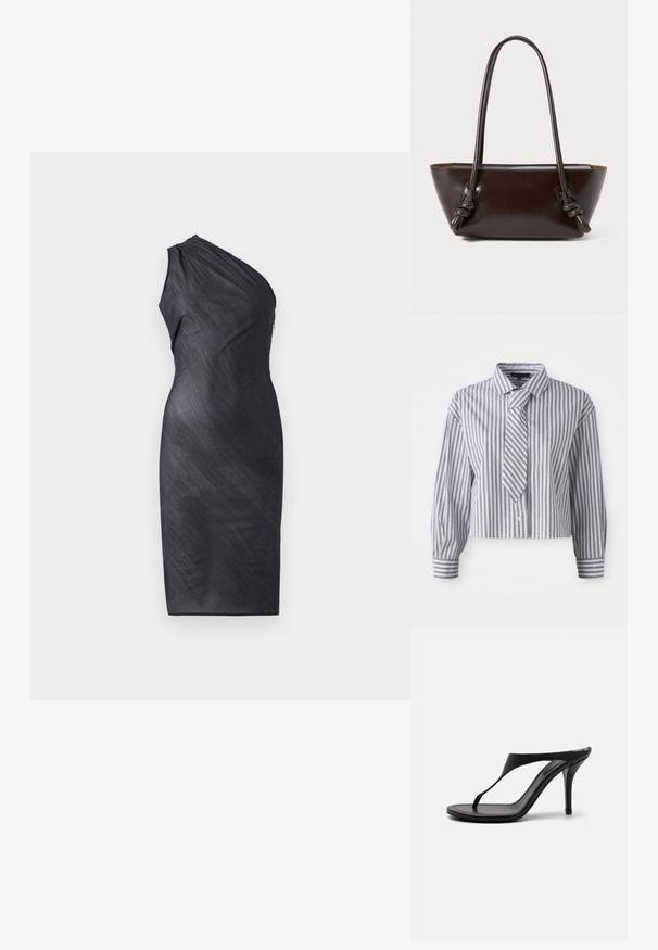 Šviesiai mėlynas trumpas marškinėliai su vertikaliomis baltomis juostelėmis ir mažais sidabriškais taškais; turi integruotą kaklaraištį ir mygtukų uždarymą. Ilgos rankovės.; Asimetriška juoda suknelė su vienu petimi, suplokštinta tekstūra, iki kelių ilgio, prigludusi silueto forma ir užtrauktuku nugarinėje pusėje.; Juodos aukštakulnės šlepetės su plonu dirželiu, tarpdančių dizainu, smailiu pirštu ir glotnia, lygiu paviršiumi. Plokščias padas su nedideliu kulnu.; Tamsiai ruda odinė rankinė su dviem mazgais surišamomis petnešomis ir trapezoidinėmis formos kūnu.