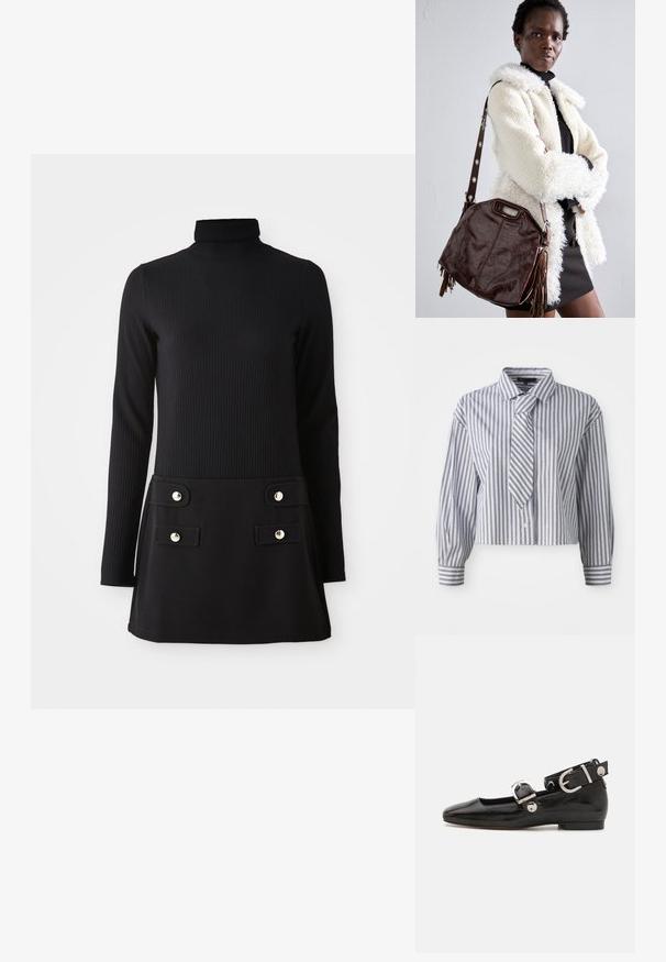 Camicia accorciata di colore azzurro chiaro con righe bianche verticali e piccoli punti argentati; include una cravatta integrata e chiusura a bottone. Maniche lunghe.; Vestito nero a collo alto a coste con maniche lunghe, caratterizzato da un corpetto aderente e una gonna svasata con due tasche anteriori e bottoni dorati.; Scarpa flat in vernice nera con punta quadrata, cinturino alla caviglia con hardware in argento e suola piatta. Texture liscia con design minimalista.; Borsa a mano in pelle marrone con finitura texturizzata, bordi plissettati e frange laterali; dotata di una tracolla staccabile con accenti metallici.