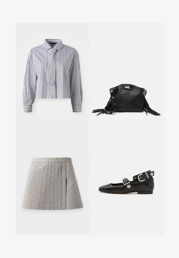 Cropped shirt in light blue with vertical white stripes and small silver dots; includes an integrated tie and button closure. Long sleeves.; Navy ribbed polo shirt featuring a pointed collar, short sleeves, and two front pockets with snap buttons; highlighted with white stitching accents.; Gray pleated skirt made of textured fabric, featuring vertical stripes and small, evenly spaced decorative accents.; Black patent leather flat shoe with a squared toe, ankle strap featuring silver hardware, and flat sole. Smooth texture with minimalist design.; Maje MISS MINI - Cross body bag - noir