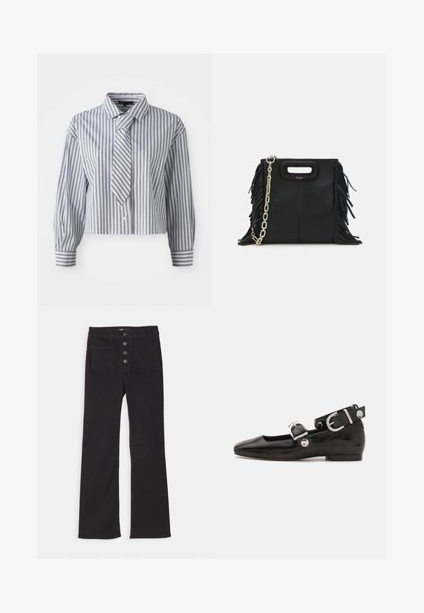 Klippet skjorte i lyseblå med lodrette hvide striber og små sølvprikker; inkluderer et integreret slipset og knaplukning. Lange ærmer.; Mørkeblå ribbet polo-shirt med spidse krave, korte ærmer og to forlommer med trykknapper; fremhævet med hvide søm detaljer.; Sorte denim flare jeans med høj talje, fem-pockets design og lukning fortil med fire metalknapper.; Sorte patenteret lædersko med firkantet tå, ankelrem med sølvhardware og flad sål. Glat tekstur med minimalistisk design.; Sort læder skuldertaske med frynse-detaljer, guldkæde skulderrem og udskåret håndtag. Har logo placeret på forsiden.