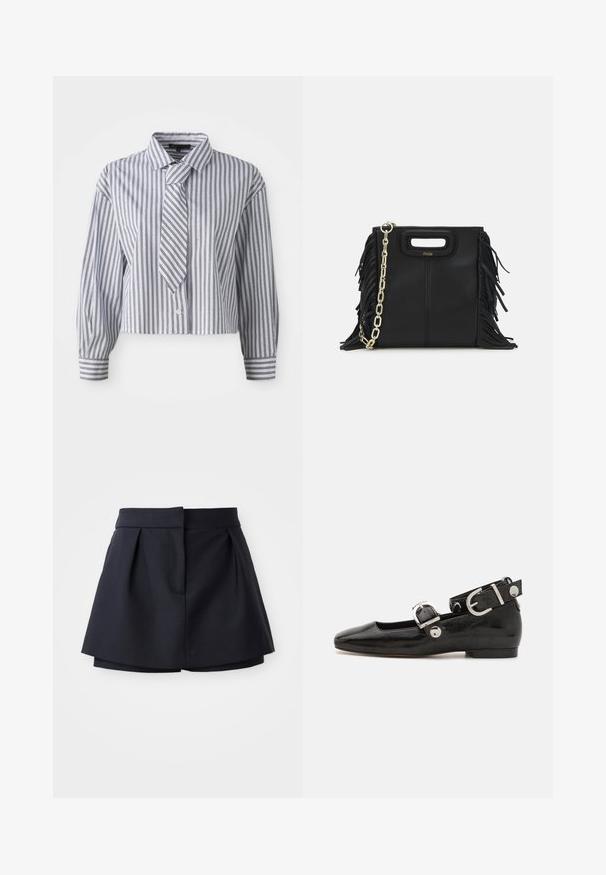 Hemd im Crop-Design in Hellblau mit vertikalen weißen Streifen und kleinen silbernen Punkten; mit integriertem Krawatte und Knopfverschluss. Lange Ärmel.; Marinefarbene Falten-Shorts mit hoher Taille, aus glattem Stoff gefertigt. Sie verfügen über ein figurbetontes Design und eine versteckte Fronttasche.; Schwarze Lackleder-Ballerina mit eckiger Zehenpartie, Knöchelriemen mit silberner Hardware und flacher Sohle. Glatte Textur mit minimalistischen Design.; Schwarze Lederhandtasche mit Fransen-Details, goldener Ketten-Schulterriemen und einem ausgeschnittenen Griff. Mit Logoplatzierung auf der Vorderseite.