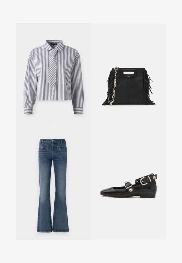 Korte broek in lichtblauw met verticale witte strepen en kleine zilveren stippen; inclusief een geïntegreerde stropdas en knoopsluiting. Lange mouwen.; Flared blauwe denimjeans met een medium hoge taille, voorzien van voor- en achterzakken en een subtiele vervaagde was.; Zwarte gepatineerde leren platte schoen met een vierkante neus, enkelband met zilverkleurige hardware en platte zool. Gladde textuur met minimalistisch ontwerp.; Zwarte leren handtas met franjes, gouden schouderband van schakels en een uitsnijding in de handgreep. Heeft het logo prominent aan de voorkant.