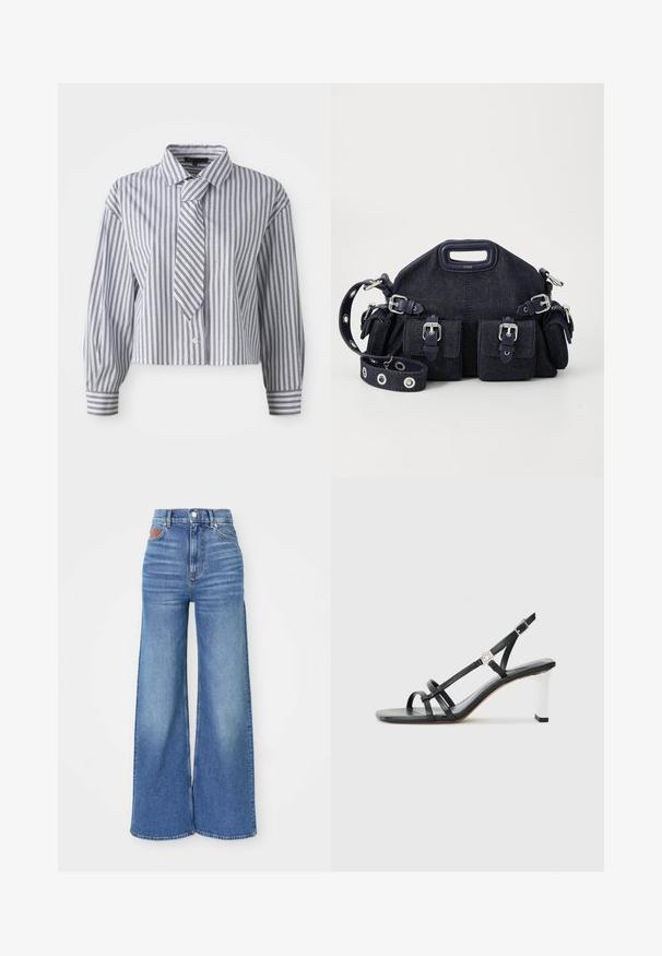 Kratka srajca v svetlo modri barvi z navpičnimi belimi črtami in majhnimi srebrnimi pikami; vključuje integrirano kravato in gumbasto zapiranje. Dolgi rokavi.; Visoko pasovi široke hlače iz svetlo modrega denima z rahlim bledenjem, z zaklepom na gumb in usnjenim detajlom na hrbtnem pasu.; Črne sandale s peto z več ozkimi trakovi, dizajn slingback in srebrnim poudarkom na peti. Gladek zgornji material in kvadratna peta.; Temno modra denim torba zaokrožene oblike, z več zunanjimi žepi, nastavljivim trakom in srebrnimi kovinskimi detajli. Vključena je tudi zgornja ročica.