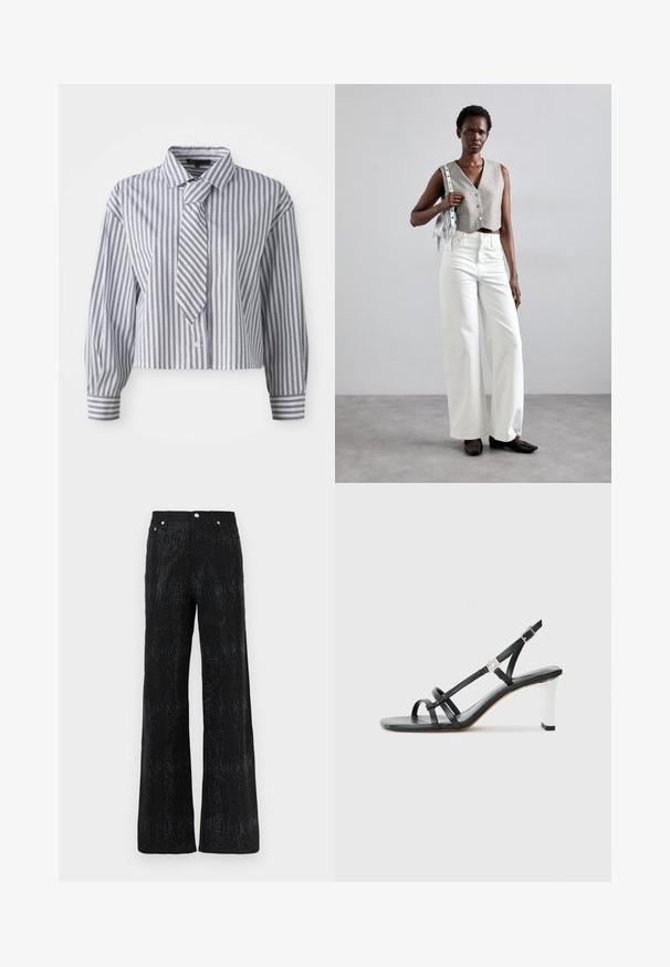 Skraćena košulja svijetloplave boje s vertikalnim bijelim prugama i malim srebrnim točkicama; uključuje integrirani šal i zatvaranje na dugme. Dugi rukavi.; Crne široke hlače s teksturiranom površinom, s sjajnim uzorkom. Završene standardnim pojasom i metalnim dugmadi.; Crne sandale na visokoj potpetici s više uskih trakica, dizajnom s remenom oko pete i srebrnim detaljem na potpetici. Glatki gornji materijal i kvadratna potpetica.; Sivi skraćeni prsluk s gumbima, uparen s bijelim širokim trapericama i crnim ravnim cipelama. Dodano male srebrne frizure.