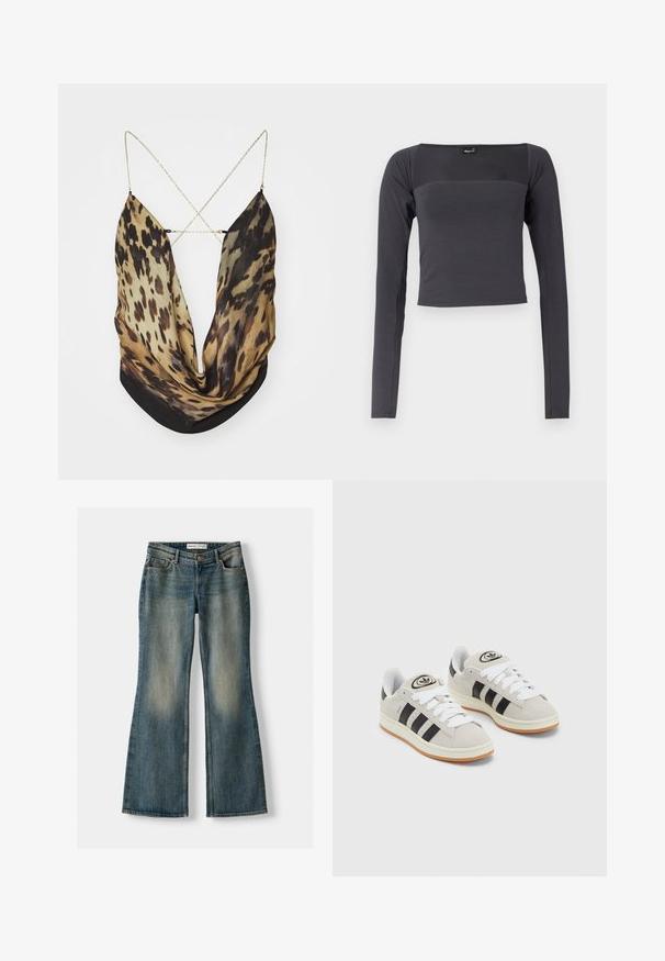 Jaded London ASTERIA BACKLESS - Top - multi-coloured; Langemouwige, cropped top van donkergrijze stof met een gladde textuur. Heeft een vierkante halslijn en een aansluitend ontwerp.; Blauwe uitlopende spijkerbroek met een vervaagde wassing, vijf zakken en een knoopsluiting. Het materiaal heeft een denim textuur met subtiele stikseldetails.; Grijze nubucklederen sneakers met witte veters, zwarte strepen en een witte rubberen zool. Bevat een rond logo op de tong en een gumzool.