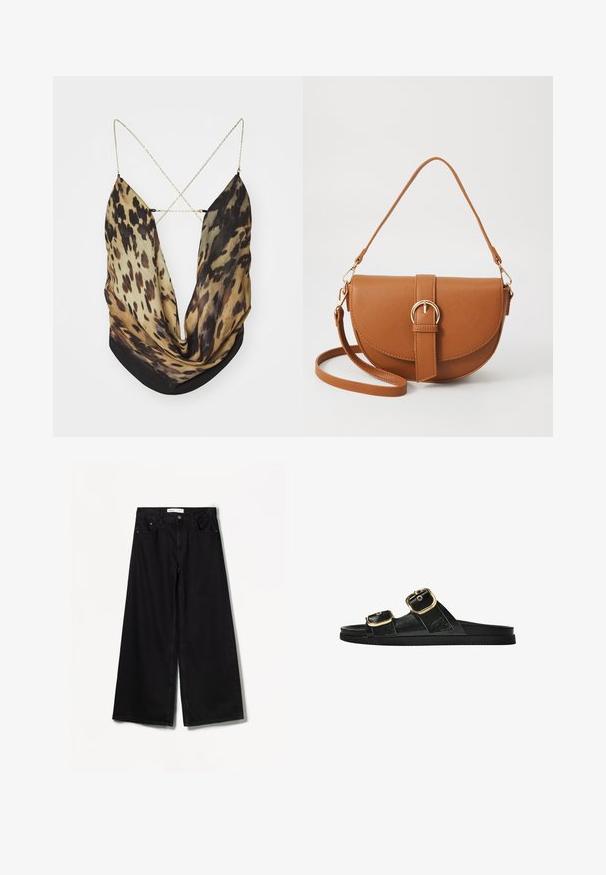 Jaded London ASTERIA wielokolorowy; Bershka WIDE czarny; Czarne klapki z dwoma złotymi klamrami, gładki materiał, płaska podeszwa i minimalistyczny design.; Brązowa skórzana torba na ramię o zaokrąglonym kształcie, ze złotymi akcentami i zapięciem w formie klamry. Posiada odpinany pasek na ramię.