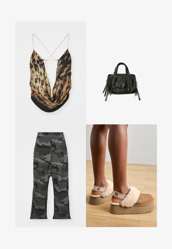 Jaded London ASTERIA BACKLESS - Top - multi-coloured; Kamuflažne trenirke v odtenkih črne in sive barve, z elastičnim pasom, sproščenim krojem in rahlimi razpoki na dnu hlačnic.; Rjave platform copalne z mehkimi bež krznom na traku. Imajo logo na traku in strukturiran podplat.; Črna usnjena torba s pletenimi ročaji, žepom na zadrgo in visečimi resicami. Teksturična površina z kovinskimi okrasnimi studenčki in dodatki iz kovine.