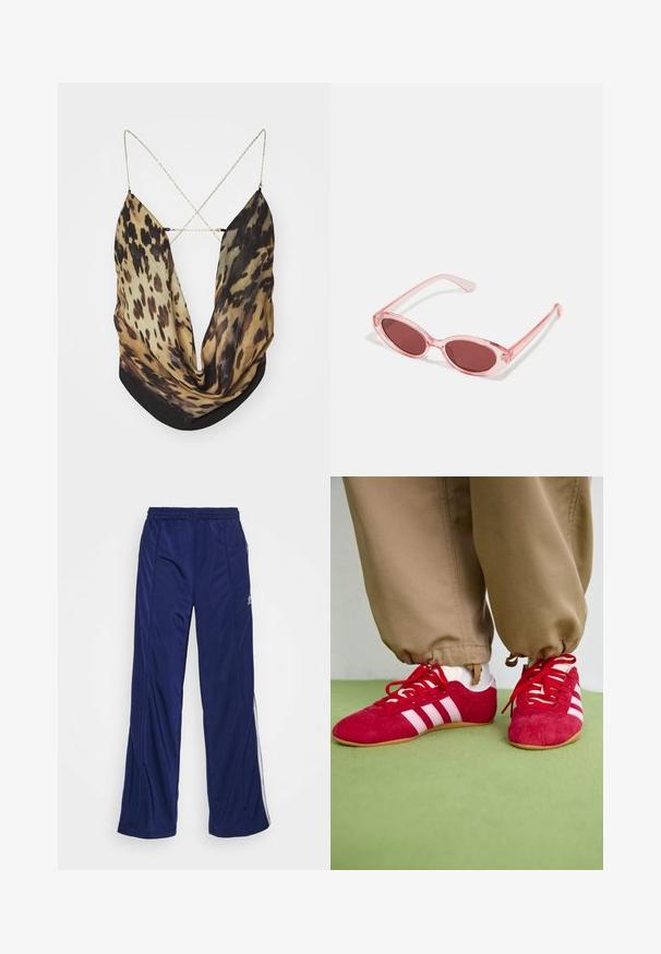 Jaded London ASTERIA BACKLESS - Top - multi-coloured; Navy athletic pants with an elastic waistband, straight legs, and side zippers. Features white piping along the sides. Smooth fabric texture.; Red suede sports shoes with white stripes, flat rubber sole, and red laces. Worn with beige trousers, positioned on a green surface.; Pink transparent sunglasses with oval lenses, dark red tint, and slender arms, featuring a smooth finish and subtle detailing on the frame.