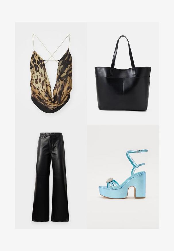 Jaded London ASTERIA BACKLESS - Top - multi-coloured; Calças largas de imitação de couro pretas, de cintura alta, com botão frontal, fecho de correr, passadores de cinto e bolsos laterais sobre fundo branco.; Sandálias plataforma metálicas azuis com um salto grosso, apresentando tiras cruzadas e um detalhe de joias na área dos dedos.; Bolsa tote preta em couro com duas alças longas, textura suave e forma estruturada. Apresenta um bolso frontal para armazenamento adicional.